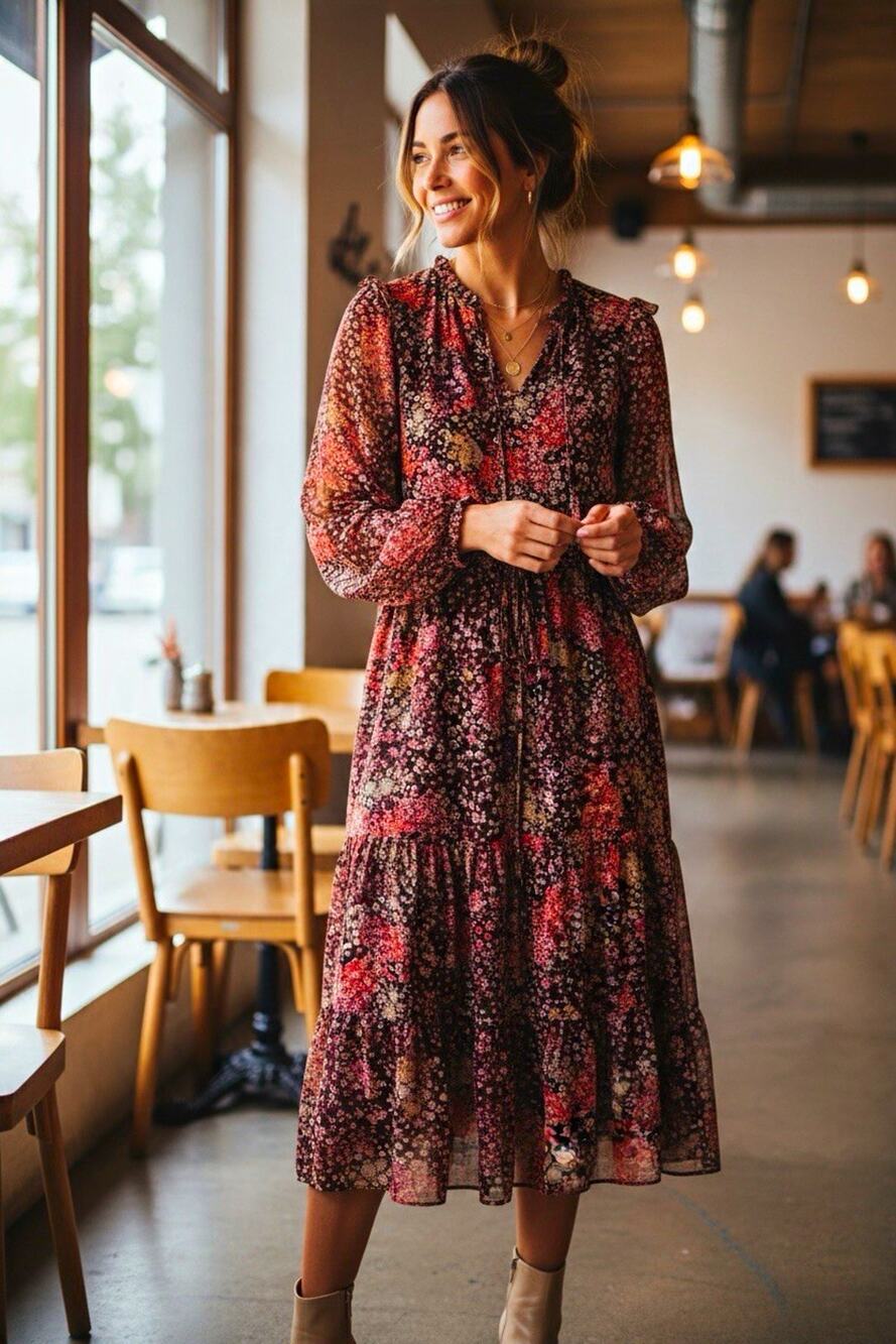 Julia Jordan Women's Floral V-Neck Lined Puff Sleeve Midi Dress Size 10 Fall